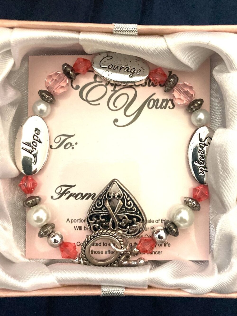Pink Cancer Awareness Ribbon Hope Courage Strength Bracelet with Original Box